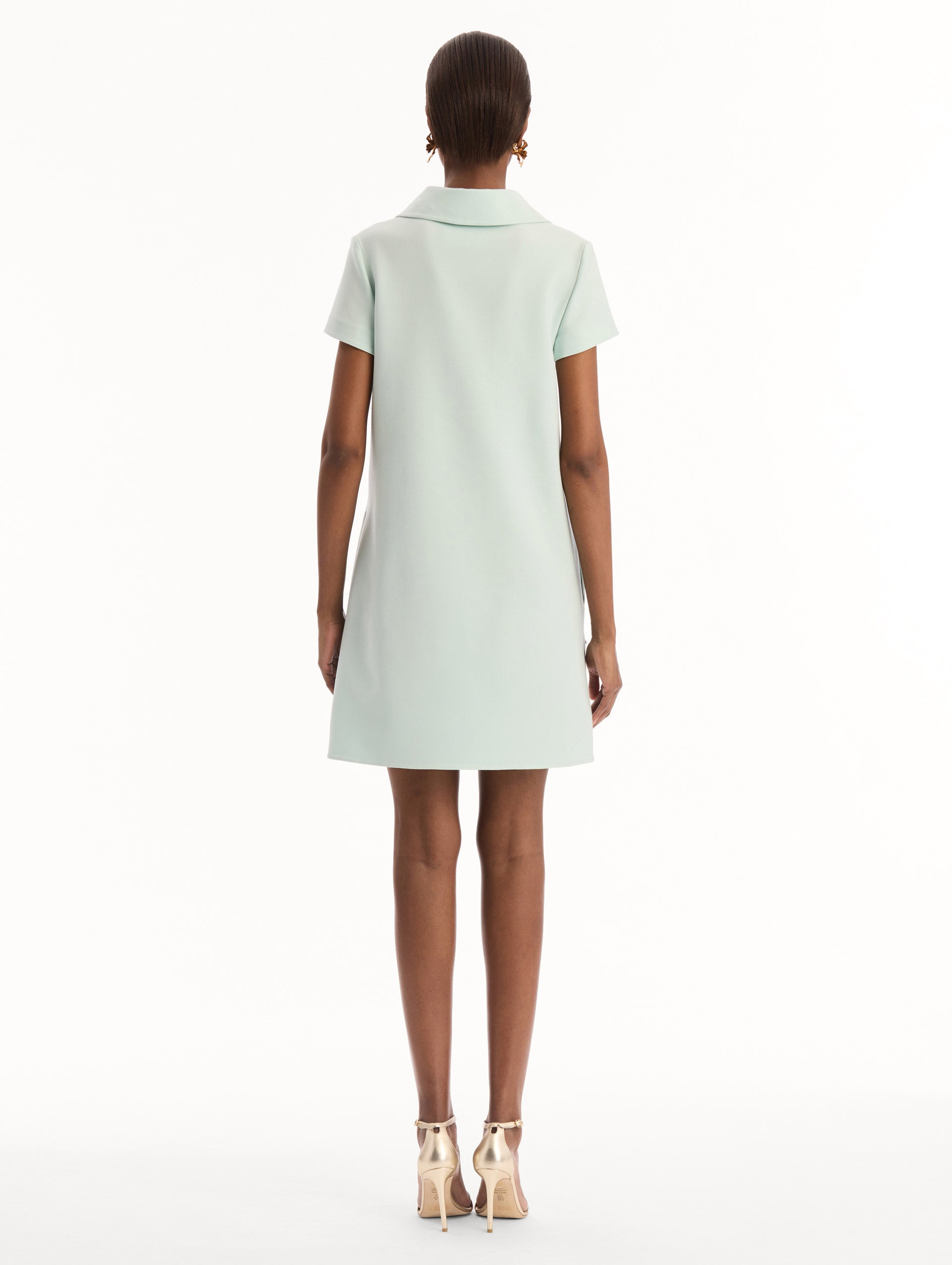The model is wearing the Dominican Mixed-Floral Threadwork Shift Dress in Saltwater. Featuring open collar neckline and mini length. Back View.