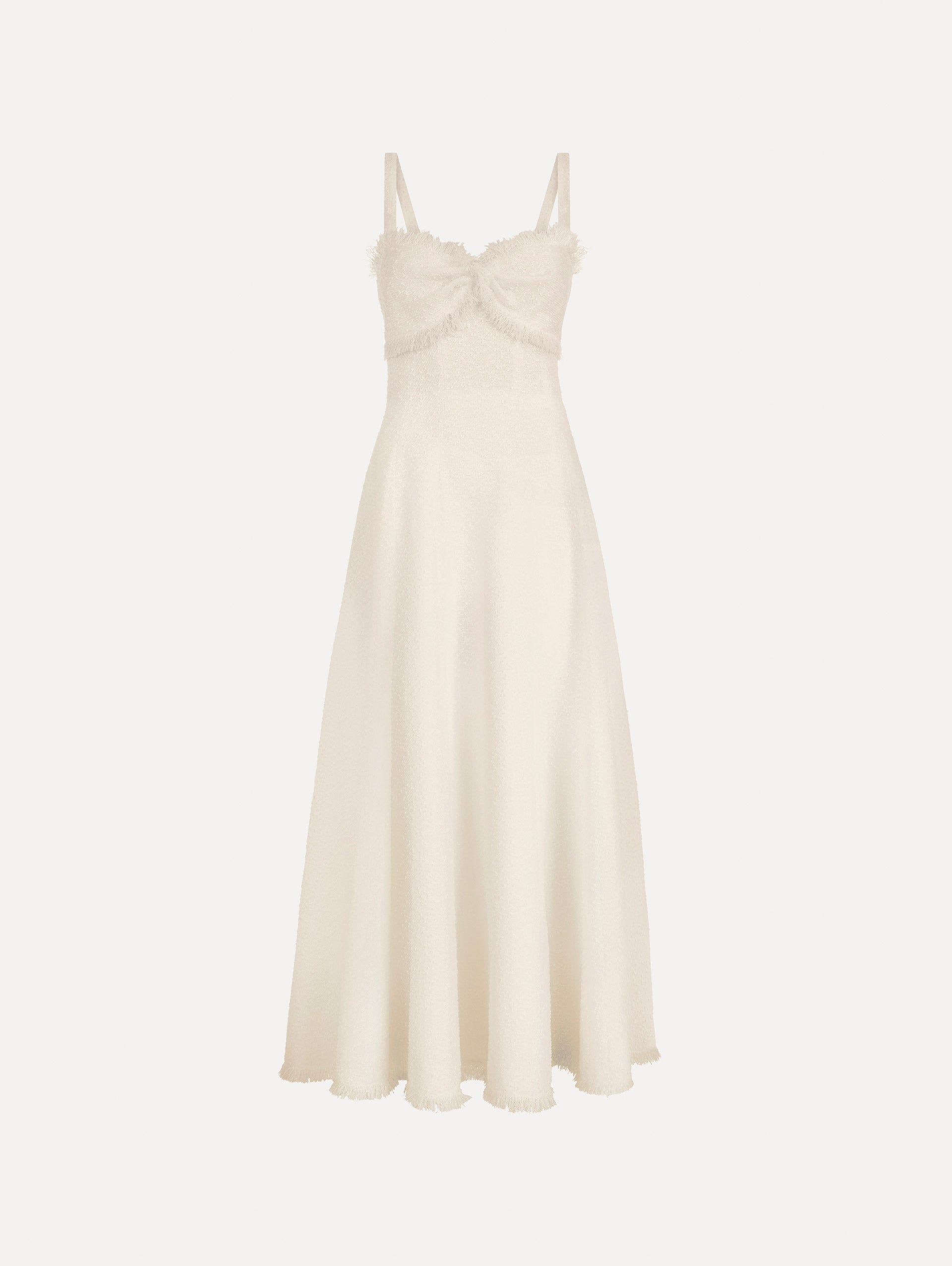 The Slub Wool Tweed Midi Dress in Ivory. Featuring a softly structured silhouette and curved neckline accented with delicate fringe detailing. Front View.