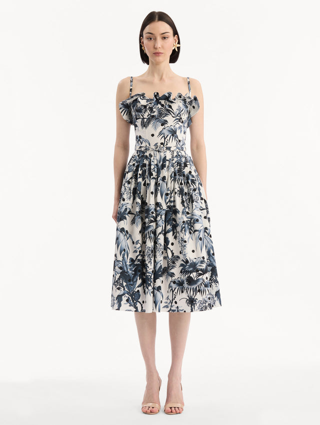 Dotted Palm Leaves Cotton Poplin Sleeveless Dress