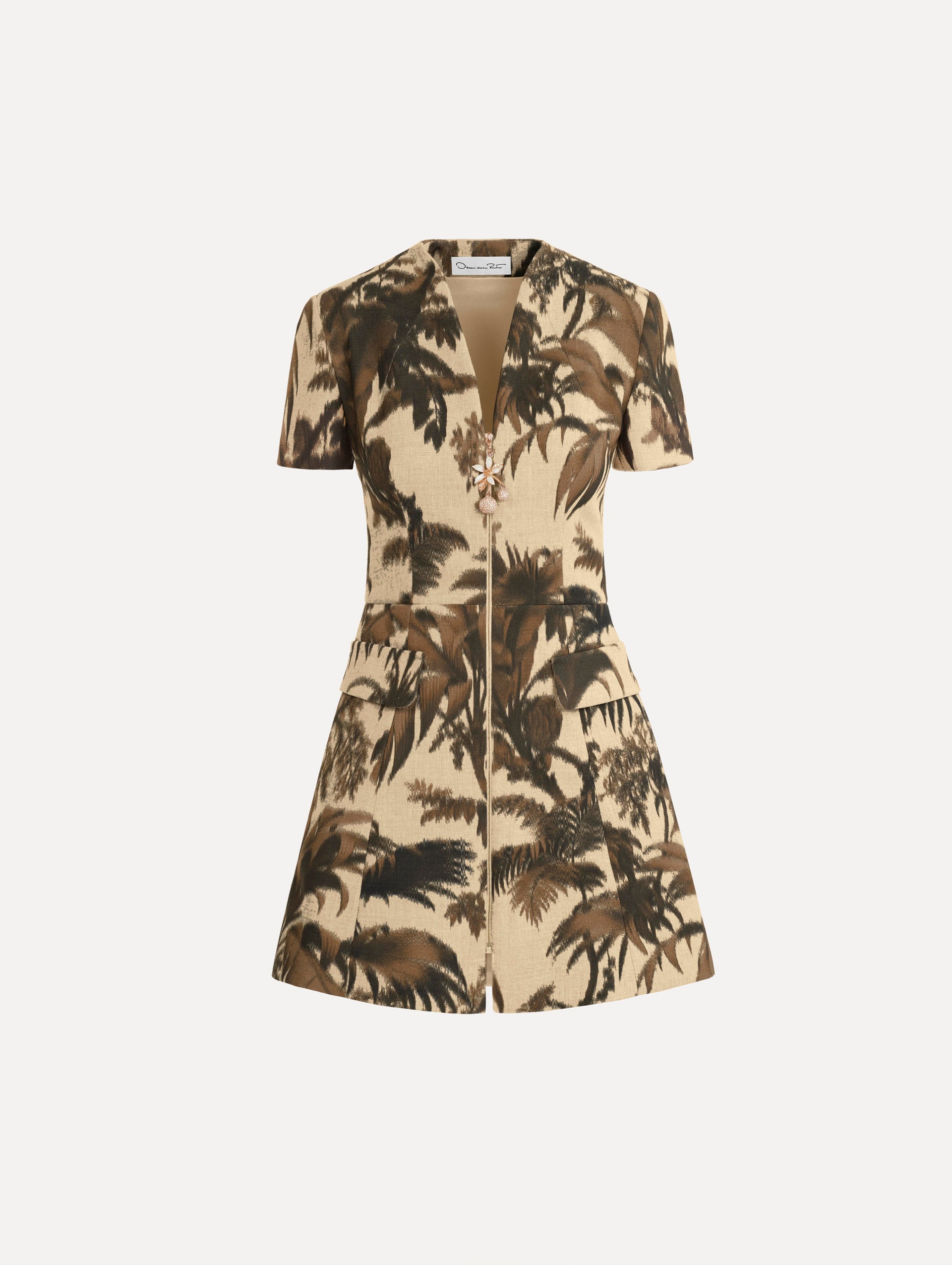 Chiné Palm Leaves Tweed Dress in Espresso and Ivory print. Front View.