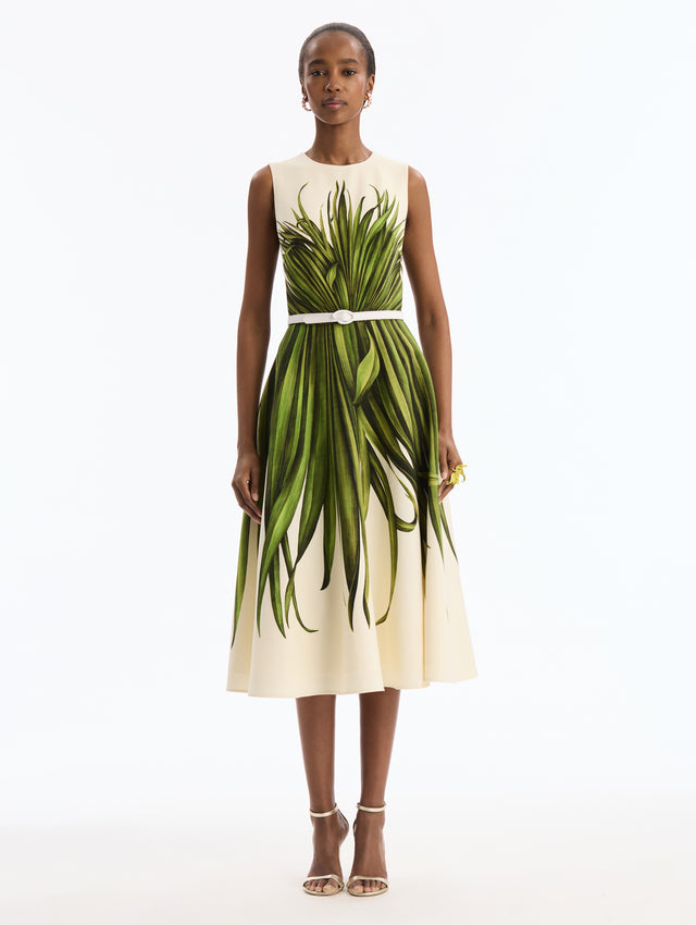 Ivory Wool Blend Dress with Green Palm Leaves Print. White Belt. Midi Length Dress. Boat Neck. Front View. 