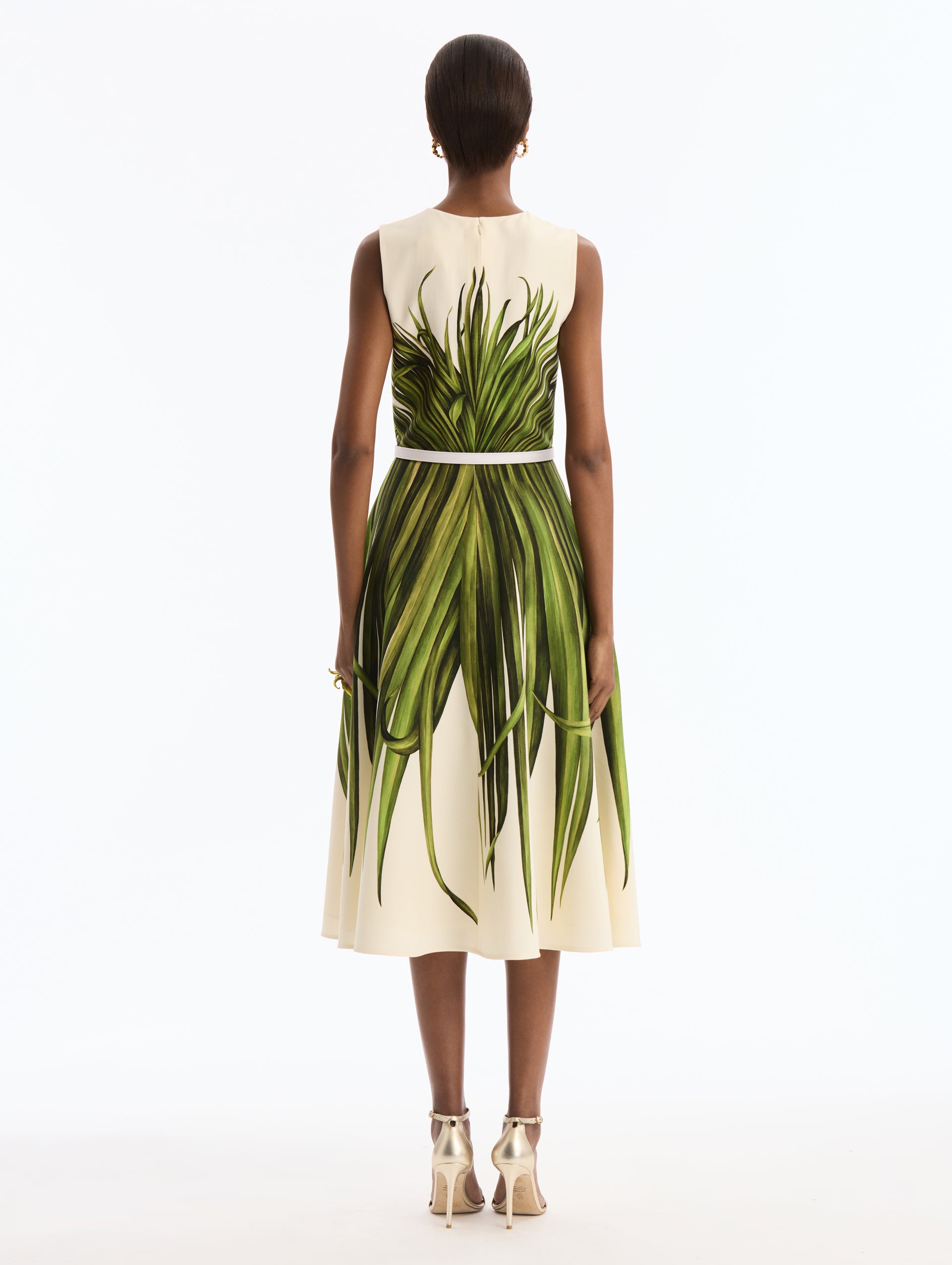 Ivory Wool Blend Dress with Green Palm Leaves Print. White Belt. Midi Length Dress. Boat Neck. Back View. 