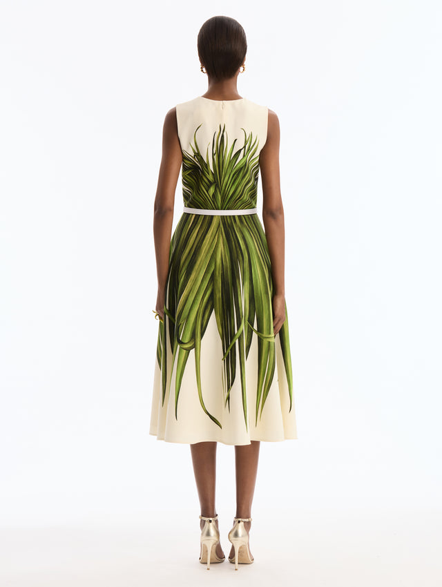 Ivory Wool Blend Dress with Green Palm Leaves Print. White Belt. Midi Length Dress. Boat Neck. Back View. 