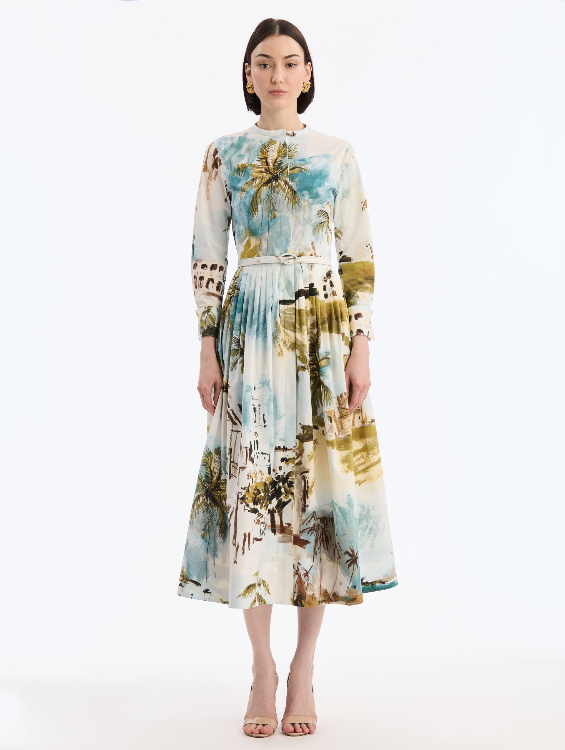 Cotton Poplin Short-Sleeve Midi Dress with Dominican Landscape Print. Matching Belt. Long Sleeve. Front View.