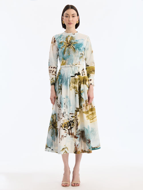 Cotton Poplin Short-Sleeve Midi Dress with Dominican Landscape Print. Matching Belt. Long Sleeve. Front View.