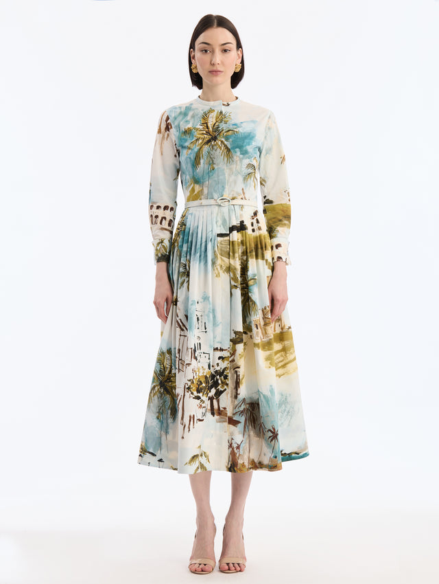 Cotton Poplin Short-Sleeve Midi Dress with Dominican Landscape Print. Matching Belt. Long Sleeve. Front View.