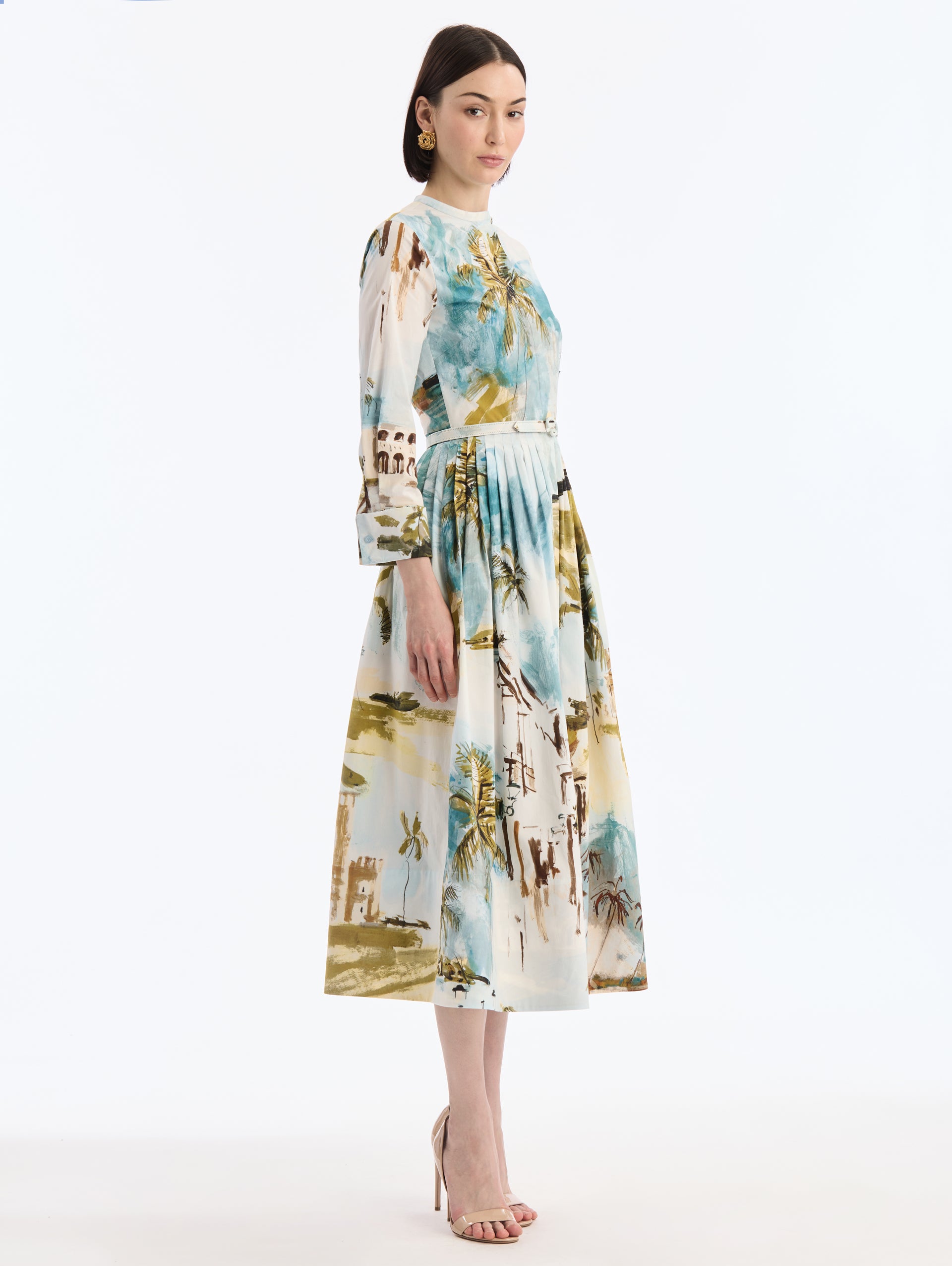 Cotton Poplin Short-Sleeve Midi Dress with Dominican Landscape Print. Matching Belt. Long Sleeve. Side View.