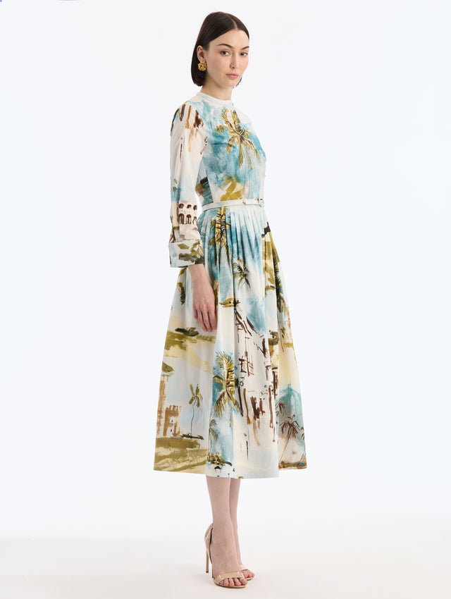 Cotton Poplin Short-Sleeve Midi Dress with Dominican Landscape Print. Matching Belt. Long Sleeve. Side View.