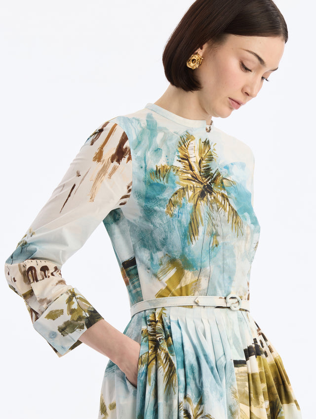 Cotton Poplin Short-Sleeve Midi Dress with Dominican Landscape Print. Matching Belt. Long Sleeve. Close Up Side View.