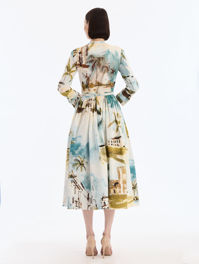 Cotton Poplin Short-Sleeve Midi Dress with Dominican Landscape Print. Matching Belt. Long Sleeve. Back View.