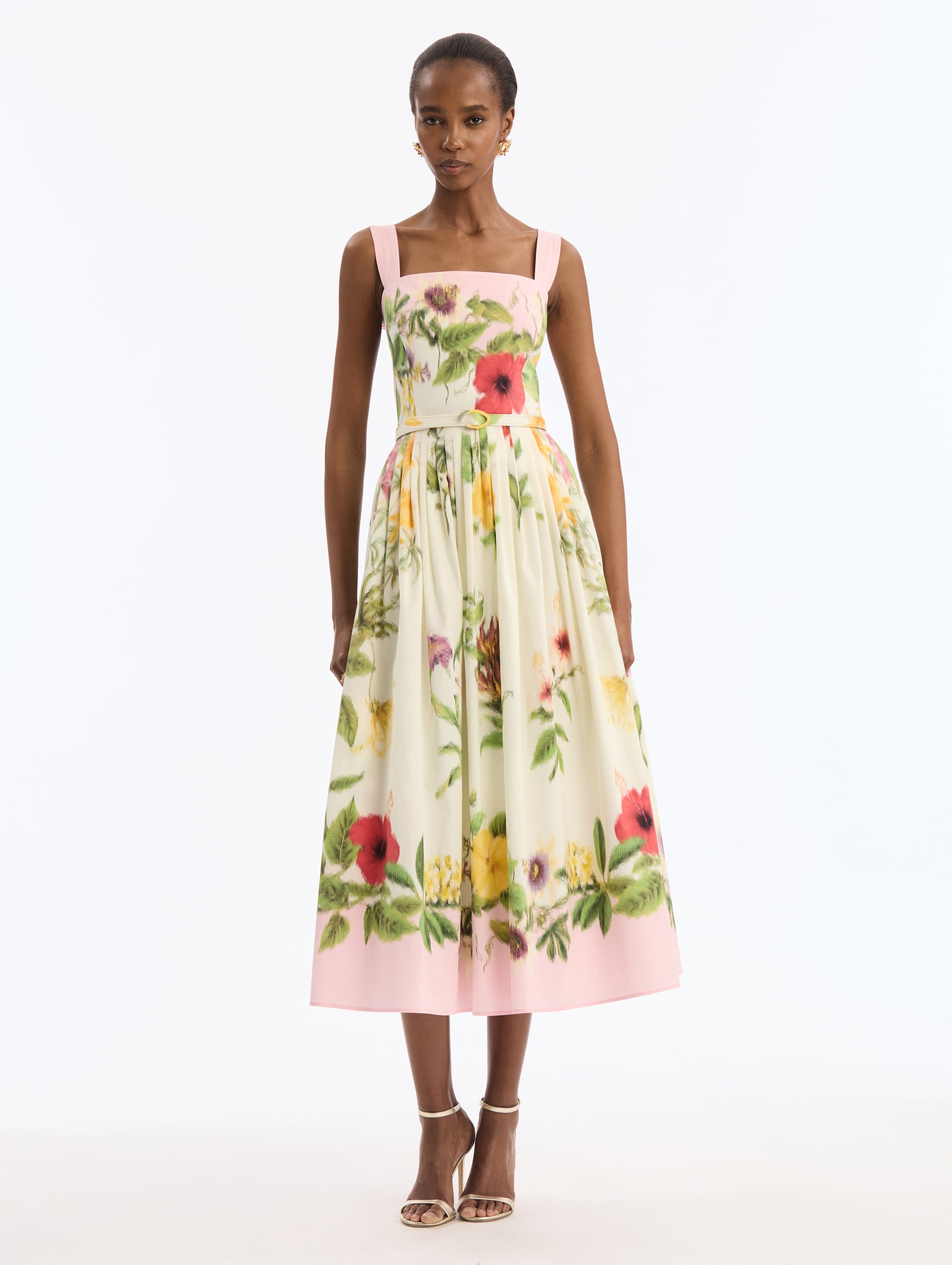 Pink Cotton Poplin Midi Dress with Dominican Mixed-Floral Print. Square Neck. Front View. 
