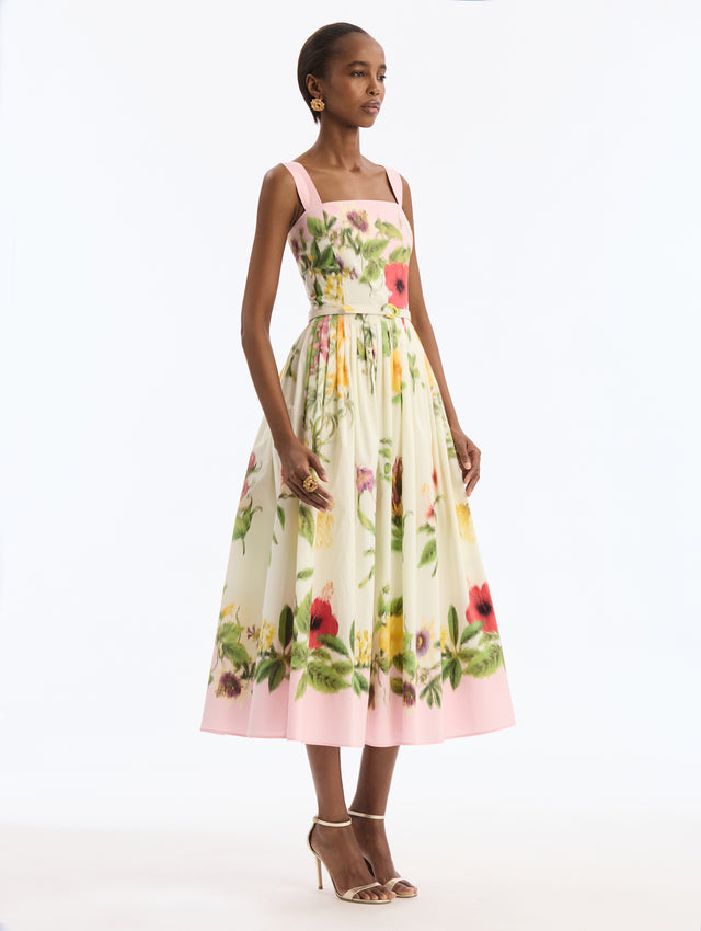 Pink Cotton Poplin Midi Dress with Dominican Mixed-Floral Print. Square Neck. Side View. 