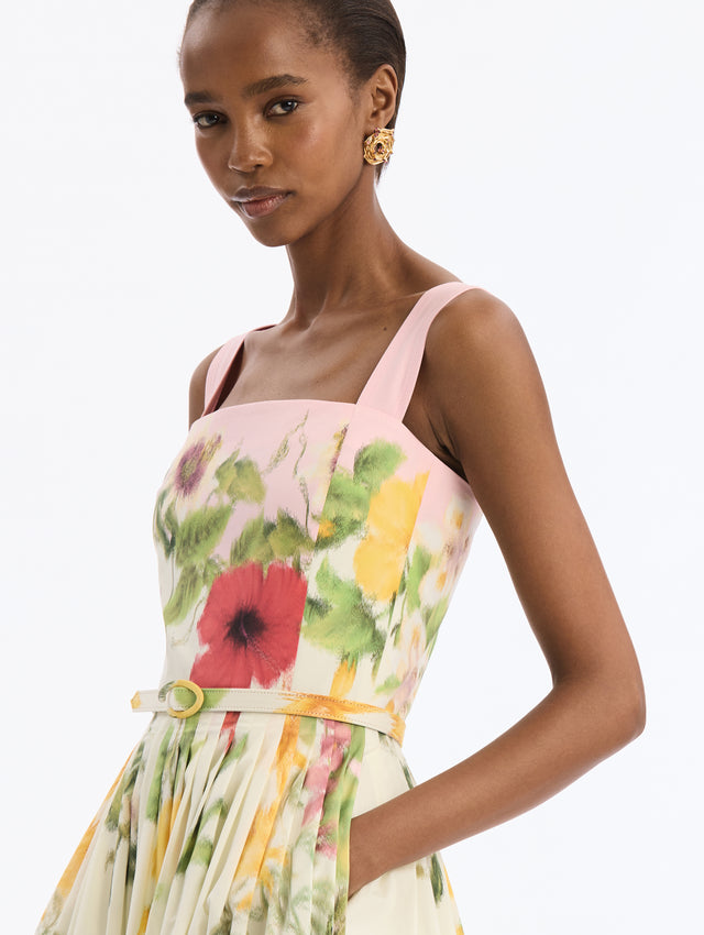 Pink Cotton Poplin Midi Dress with Dominican Mixed-Floral Print. Square Neck. Close Up Side View. 