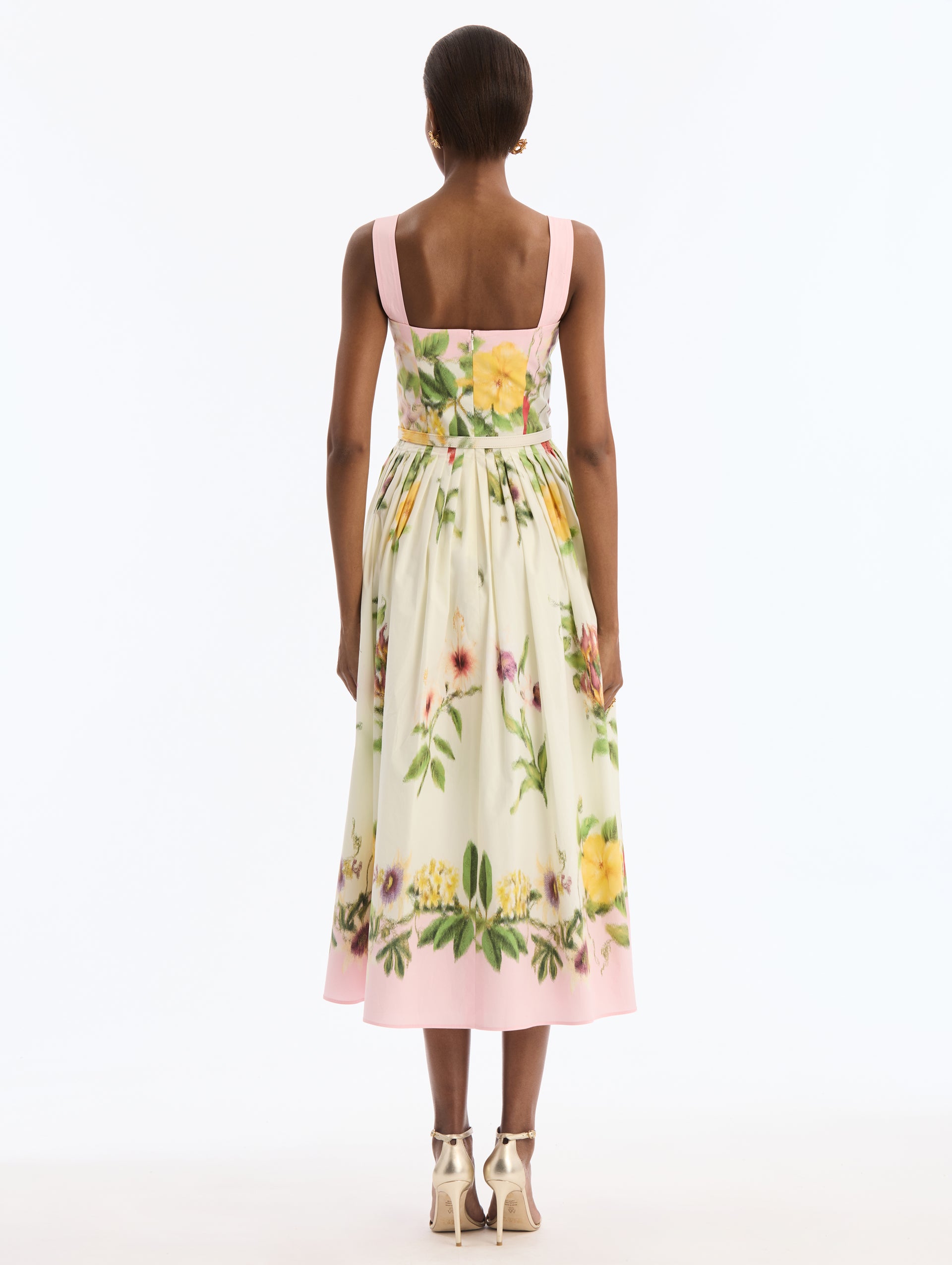 Pink Cotton Poplin Midi Dress with Dominican Mixed-Floral Print. Square Neck. Back View. 