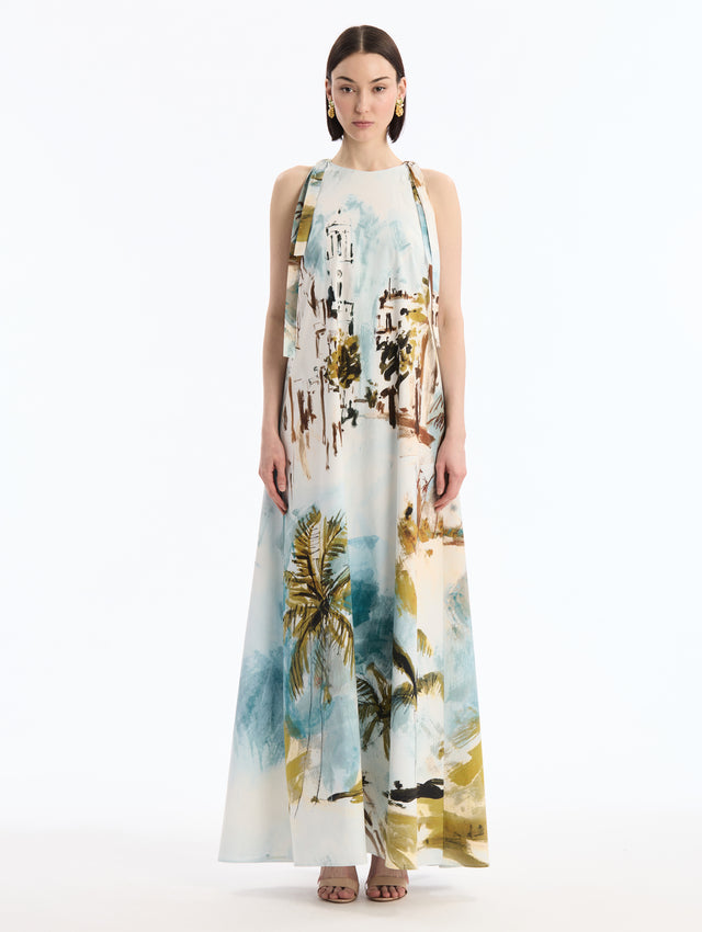 Dominican Landscape Cotton Poplin Maxi Caftan. Bow Ties at Shoulders. Boat Neck. Front View.