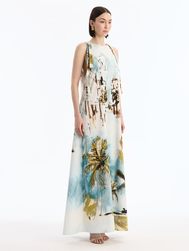 Dominican Landscape Cotton Poplin Maxi Caftan. Bow Ties at Shoulders. Boat Neck. Side View.