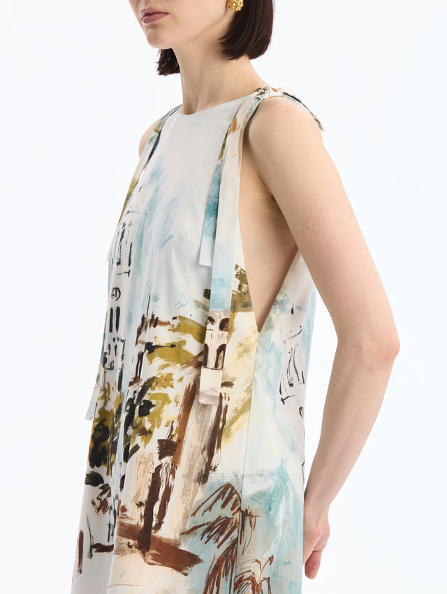 Dominican Landscape Cotton Poplin Maxi Caftan. Bow Ties at Shoulders. Boat Neck. Close Up Side View.