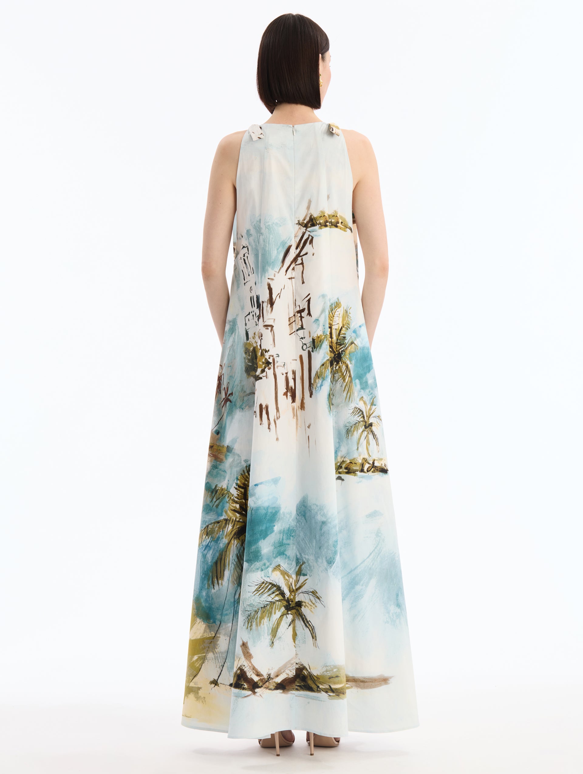 Dominican Landscape Cotton Poplin Maxi Caftan. Bow Ties at Shoulders. Boat Neck. Back View.