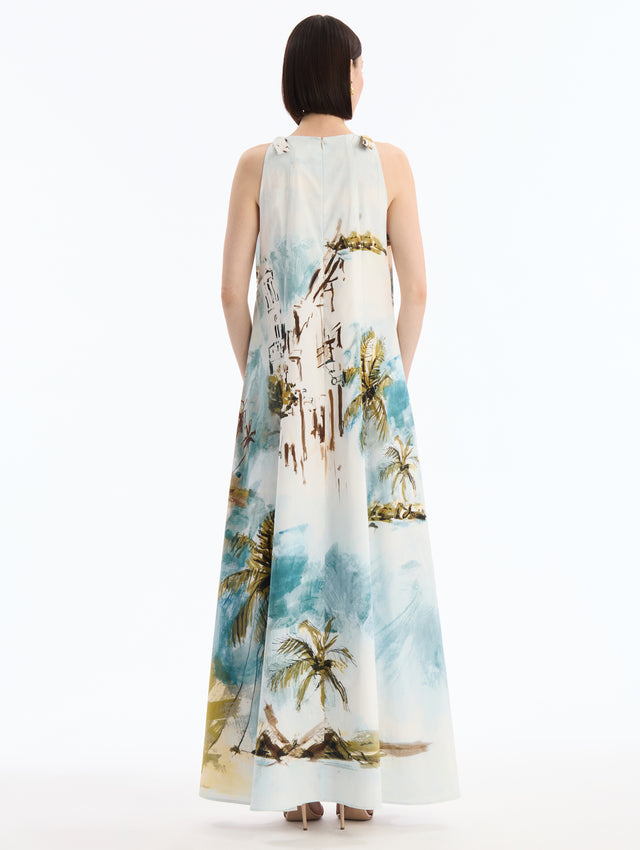 Dominican Landscape Cotton Poplin Maxi Caftan. Bow Ties at Shoulders. Boat Neck. Back View.