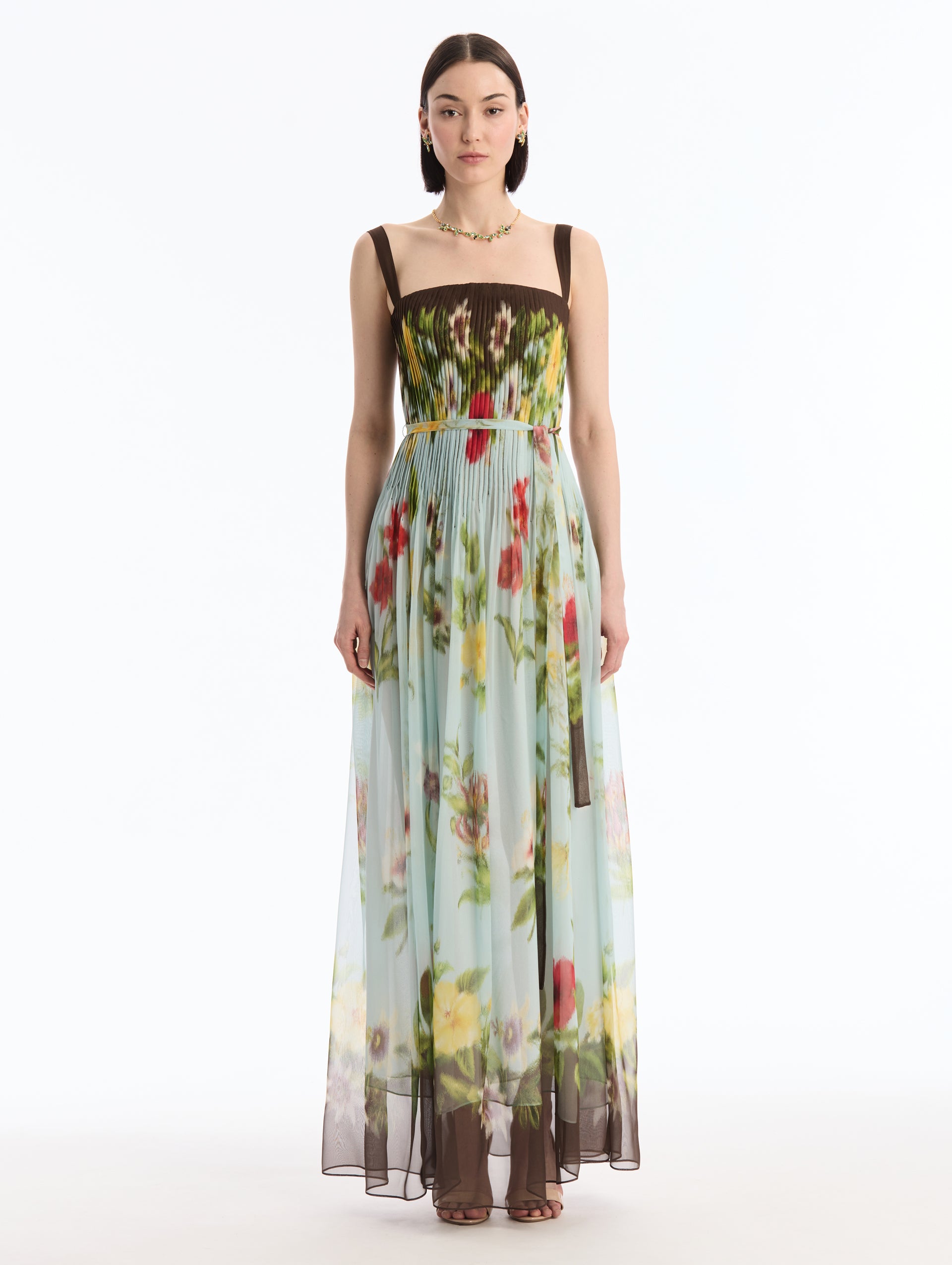 Dominican Mixed-Floral Silk Chiffon Maxi Dress. Square Neck. Espresso Straps. Front View. 