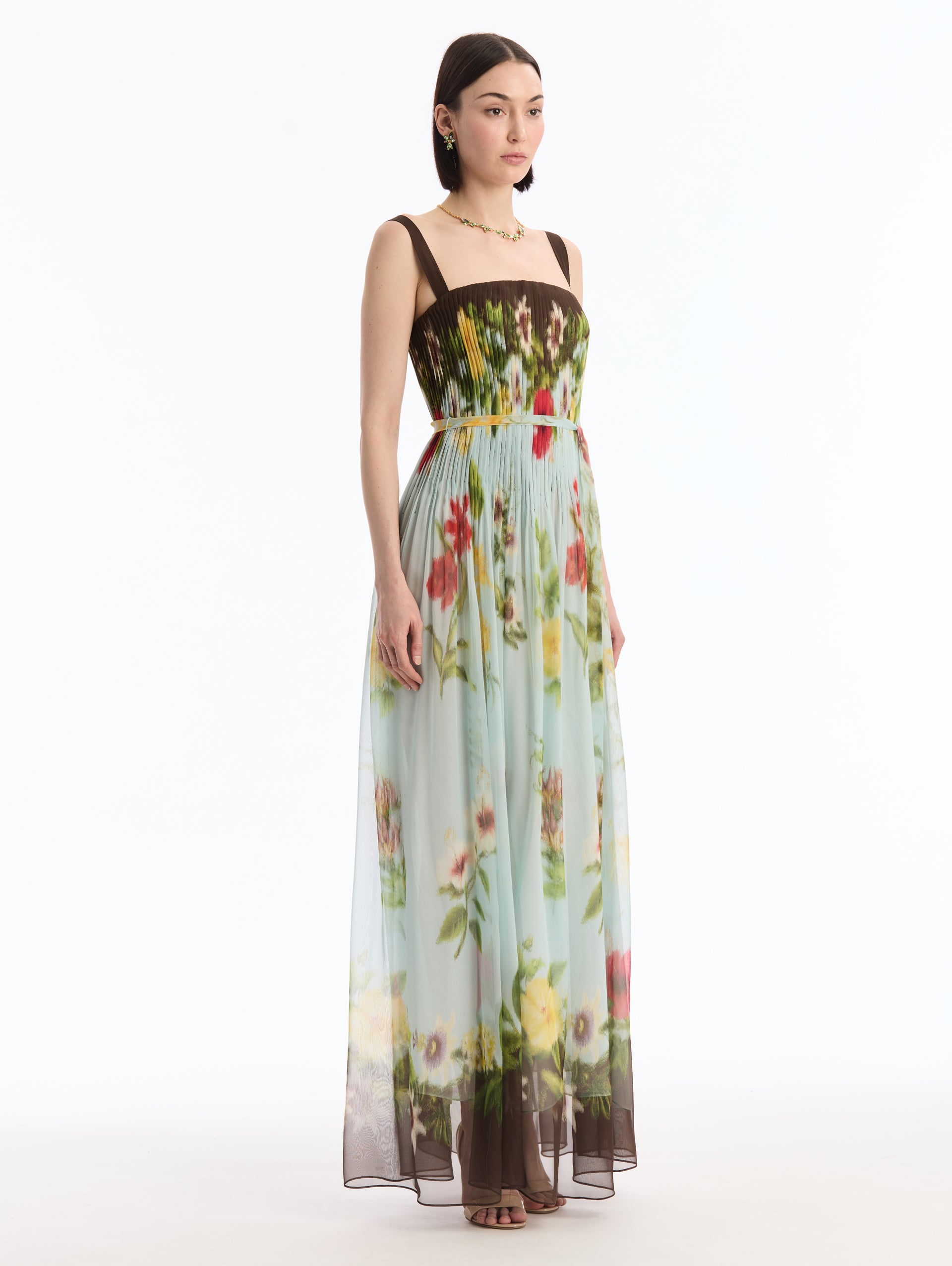 Dominican Mixed-Floral Silk Chiffon Maxi Dress. Square Neck. Espresso Straps. Side View. 