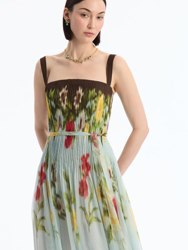 Dominican Mixed-Floral Silk Chiffon Maxi Dress. Square Neck. Espresso Straps. Front View, Close Up. 