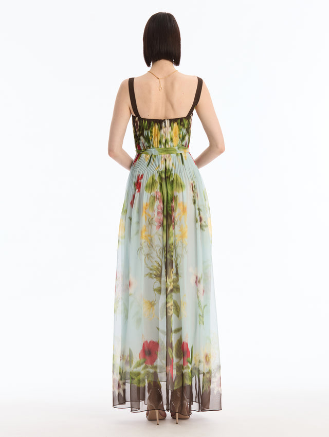 Dominican Mixed-Floral Silk Chiffon Maxi Dress. Square Neck. Espresso Straps. Back View. 