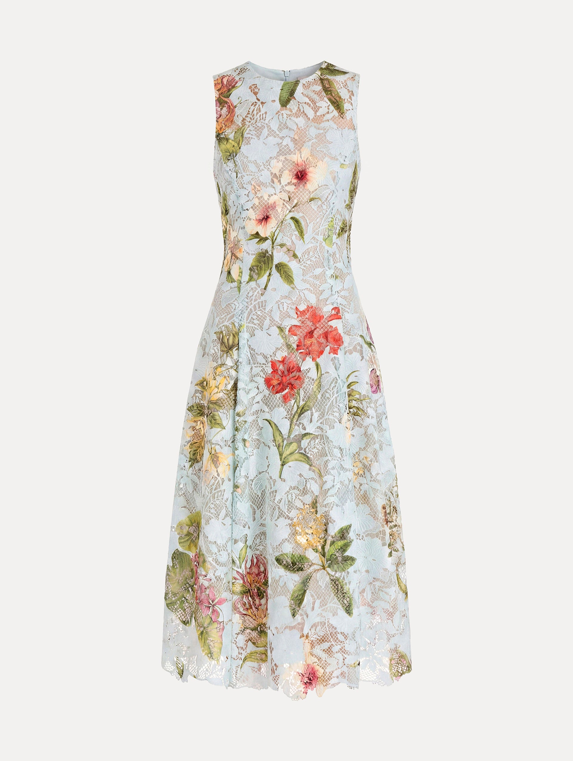 The model is wearing a sleeveless mixed-floral guipure dress with a jewel neckline and floral detailing in saltwater multi.