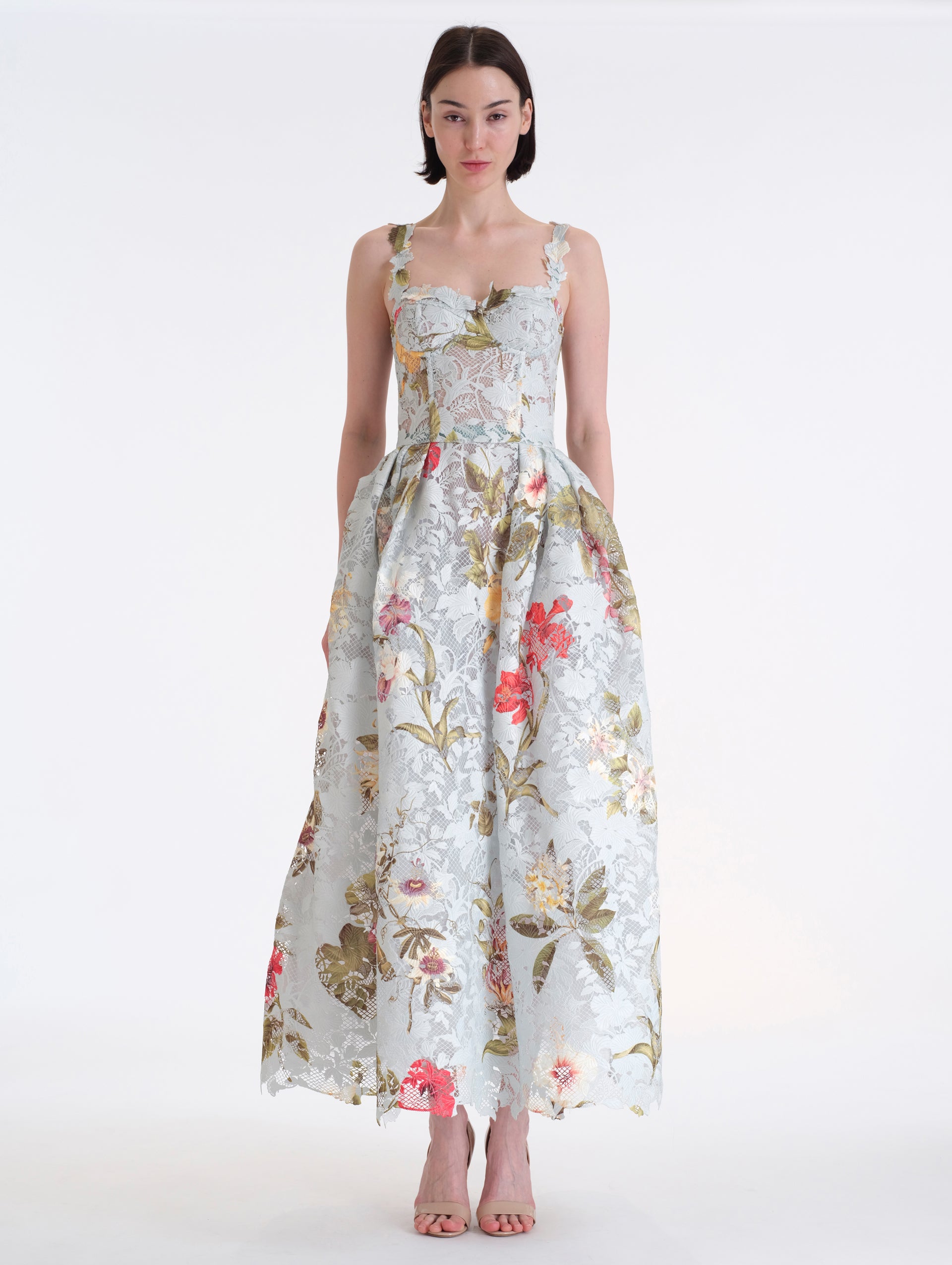 Light Blue Maxi Dress, with Dominican Mixed-Floral Guipure. Floral Detailing on Straps. Front View. 