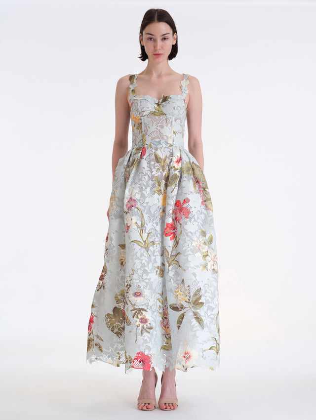 Light Blue Maxi Dress, with Dominican Mixed-Floral Guipure. Floral Detailing on Straps. Front View. 