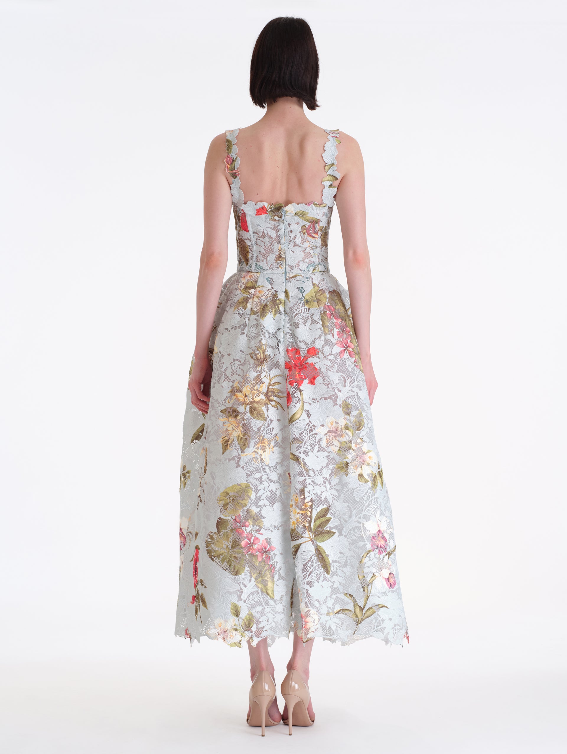 Light Blue Maxi Dress, with Dominican Mixed-Floral Guipure. Floral Detailing on Straps.Hidden Zipper on Back. Back View. 