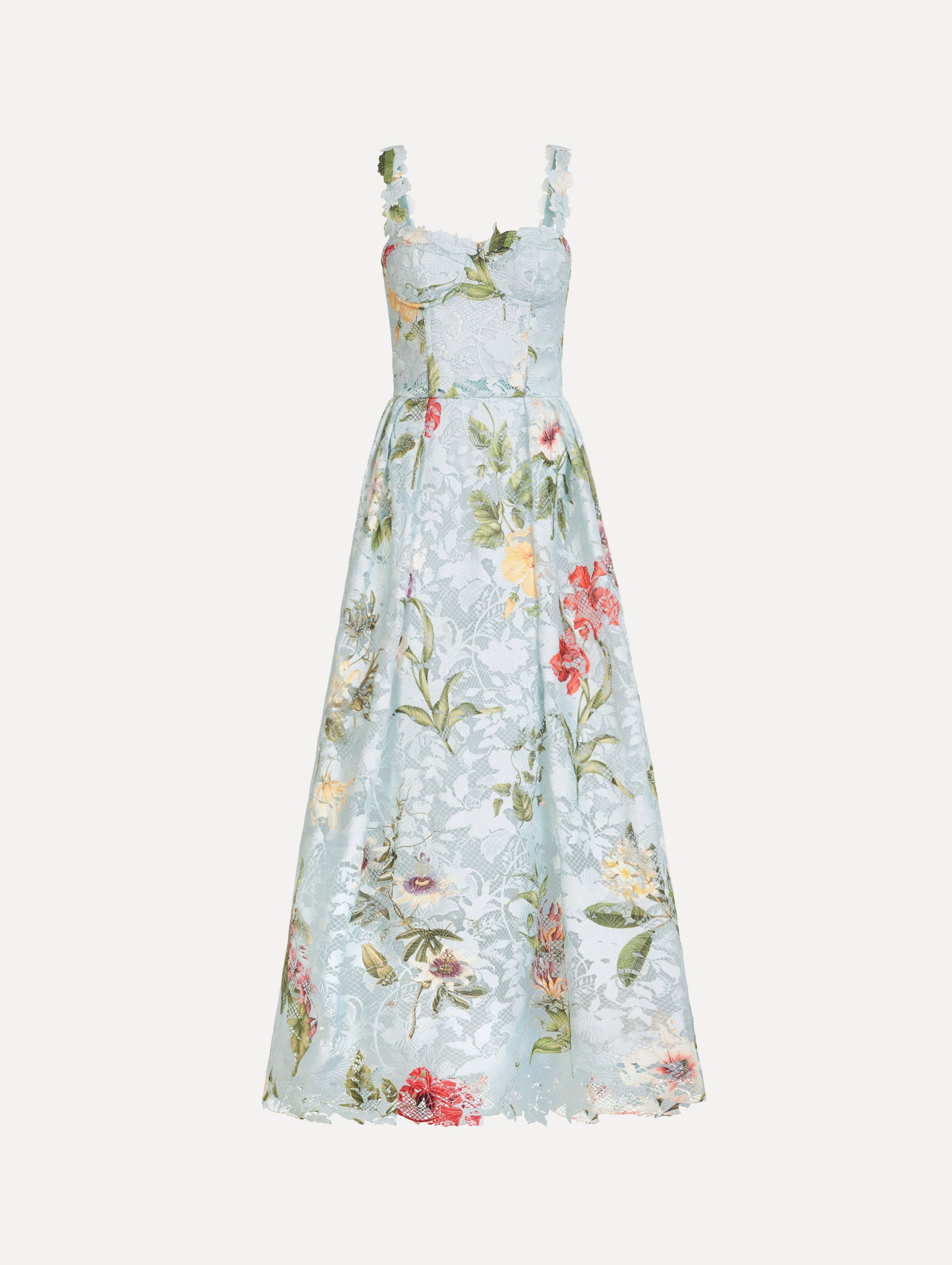 The Dominican Mixed-Floral Guipure Cocktail Dress in Saltwater Blue. Featuring floral detailing on straps, sweetheart neckline, structured bodice, and full skirt. Front View.