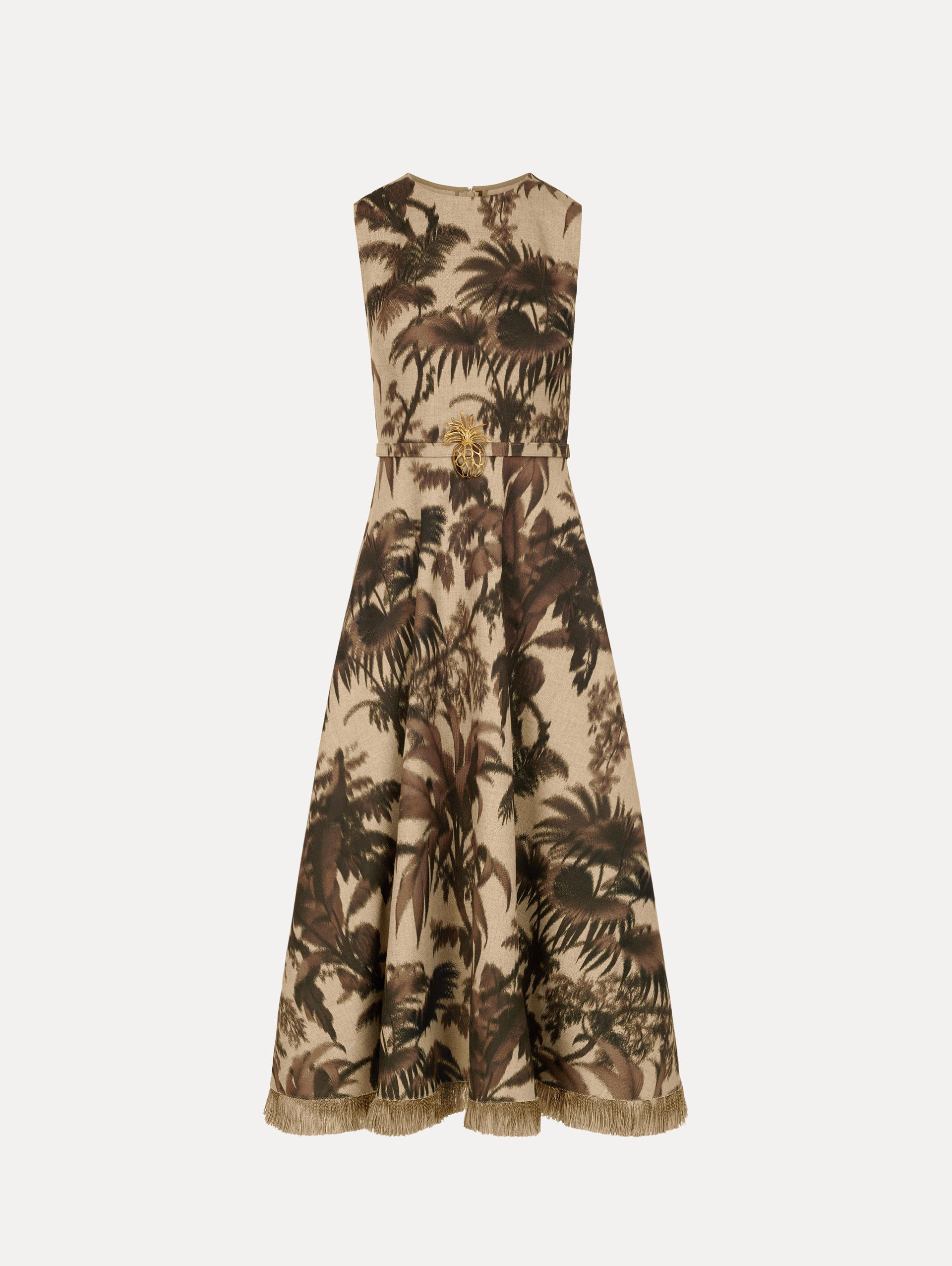 Chiné Palm Leaves Dress in Espresso and Ivory. Front view.