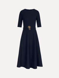 Pineapple Belt Wool Dress in Navy. Front View.
