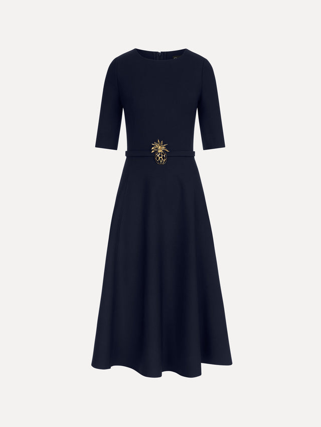 Pineapple Belt Wool Dress in Navy. Front View.