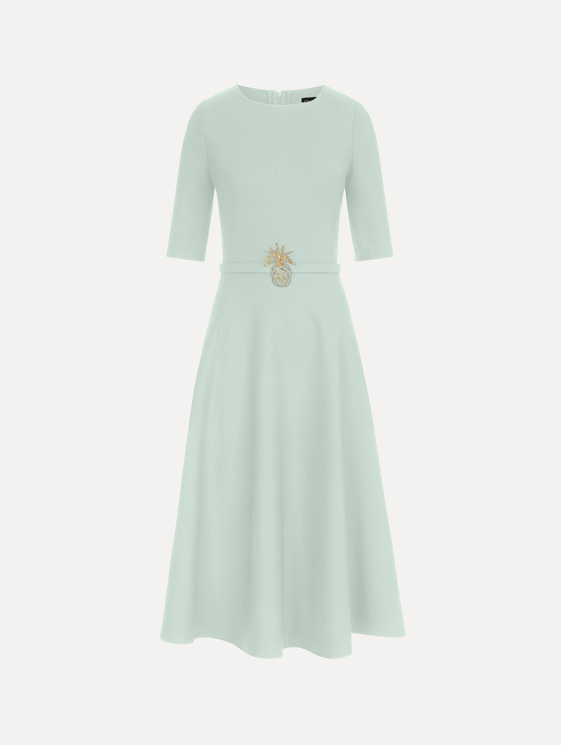 Pineapple Belt Wool Dress in Saltwater Blue. Front View.