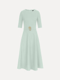 Pineapple Belt Wool Dress in Saltwater Blue. Front View.
