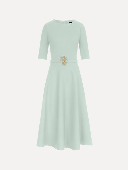 Pineapple Belt Wool Dress in Saltwater Blue. Front View.