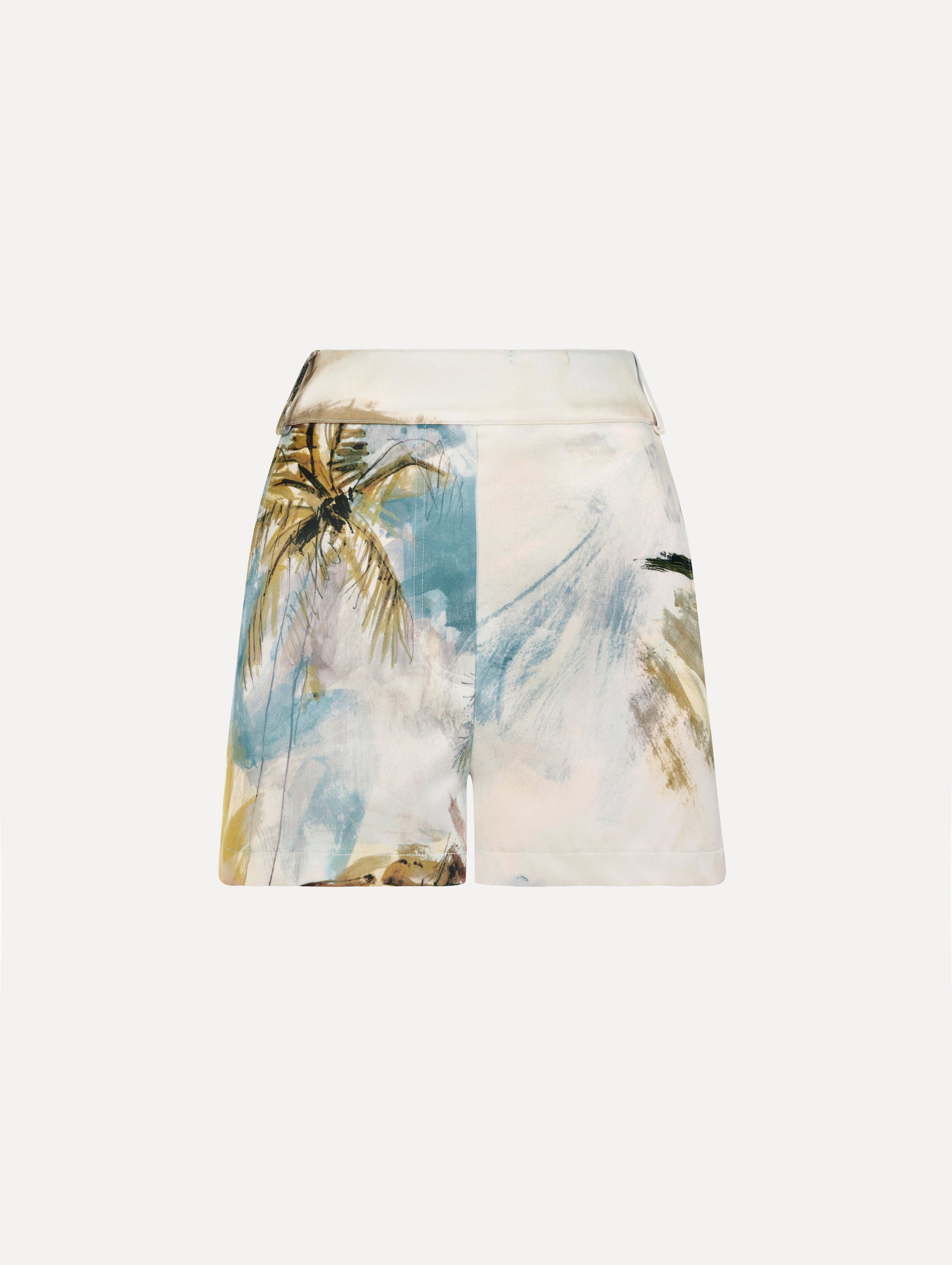 Dominican Landscape Shorts in Blue Green Multi Print. Front View.