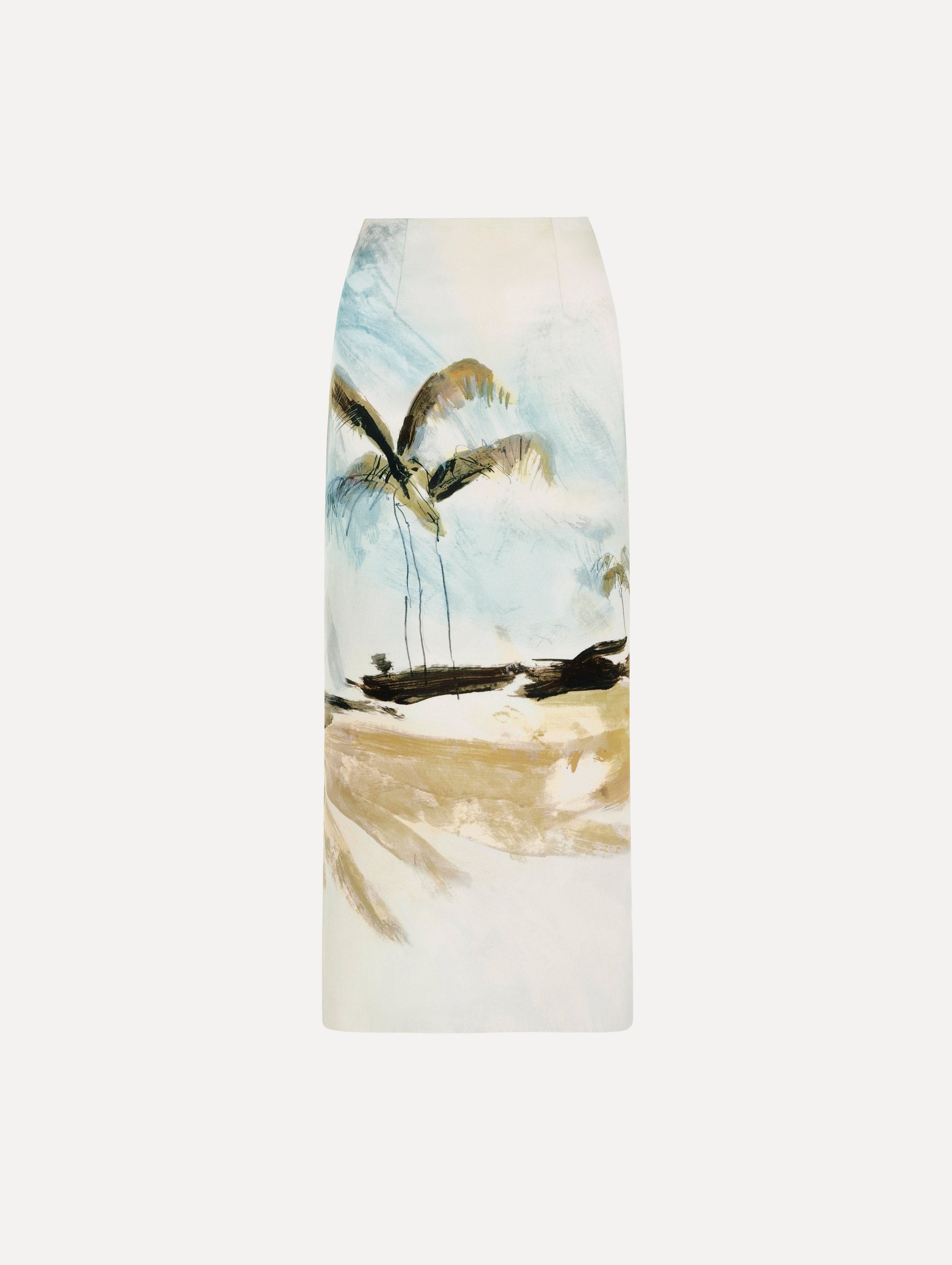 The Dominican Landscape Pencil Skirt printed in the Dominican landscape. Featuring a structured, column silhouette and midi length. Front View.