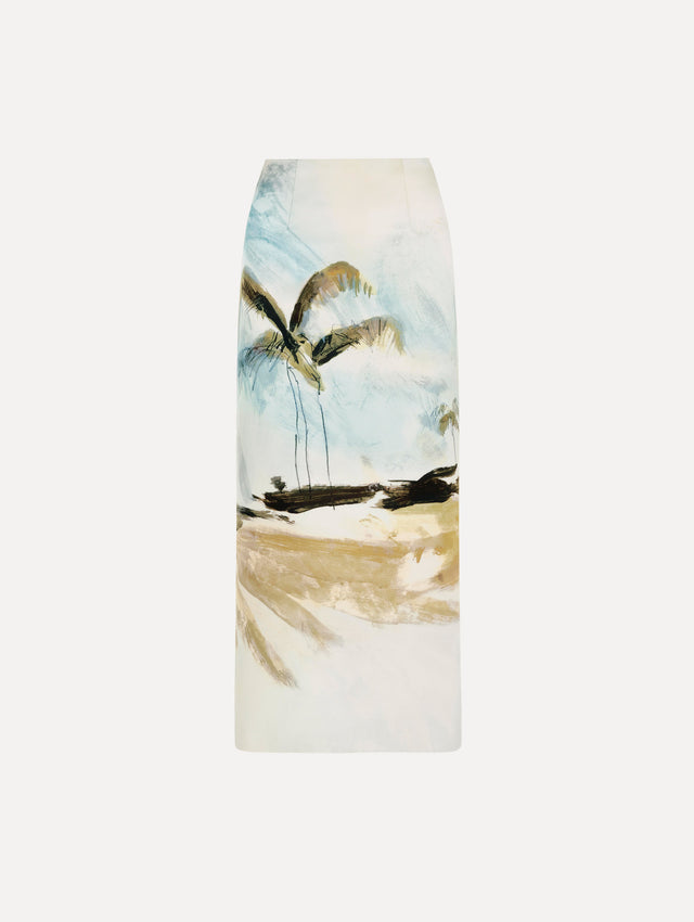 The Dominican Landscape Pencil Skirt printed in the Dominican landscape. Featuring a structured, column silhouette and midi length. Front View.