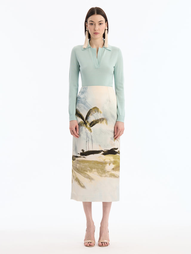 Midi Pencil Skirt with Palm Tree Print. Front View.