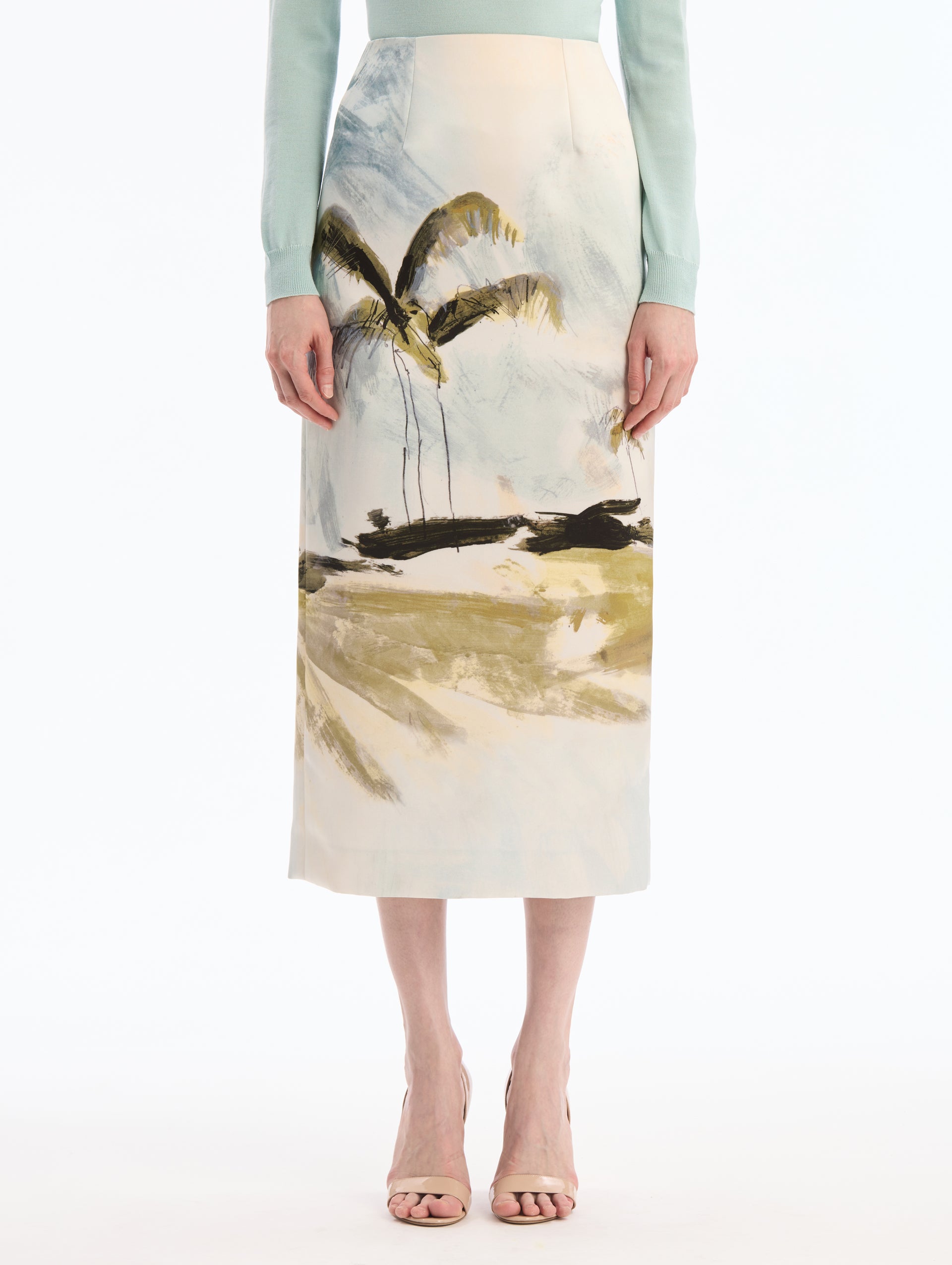 Midi Pencil Skirt with Palm Tree Print. Front View.