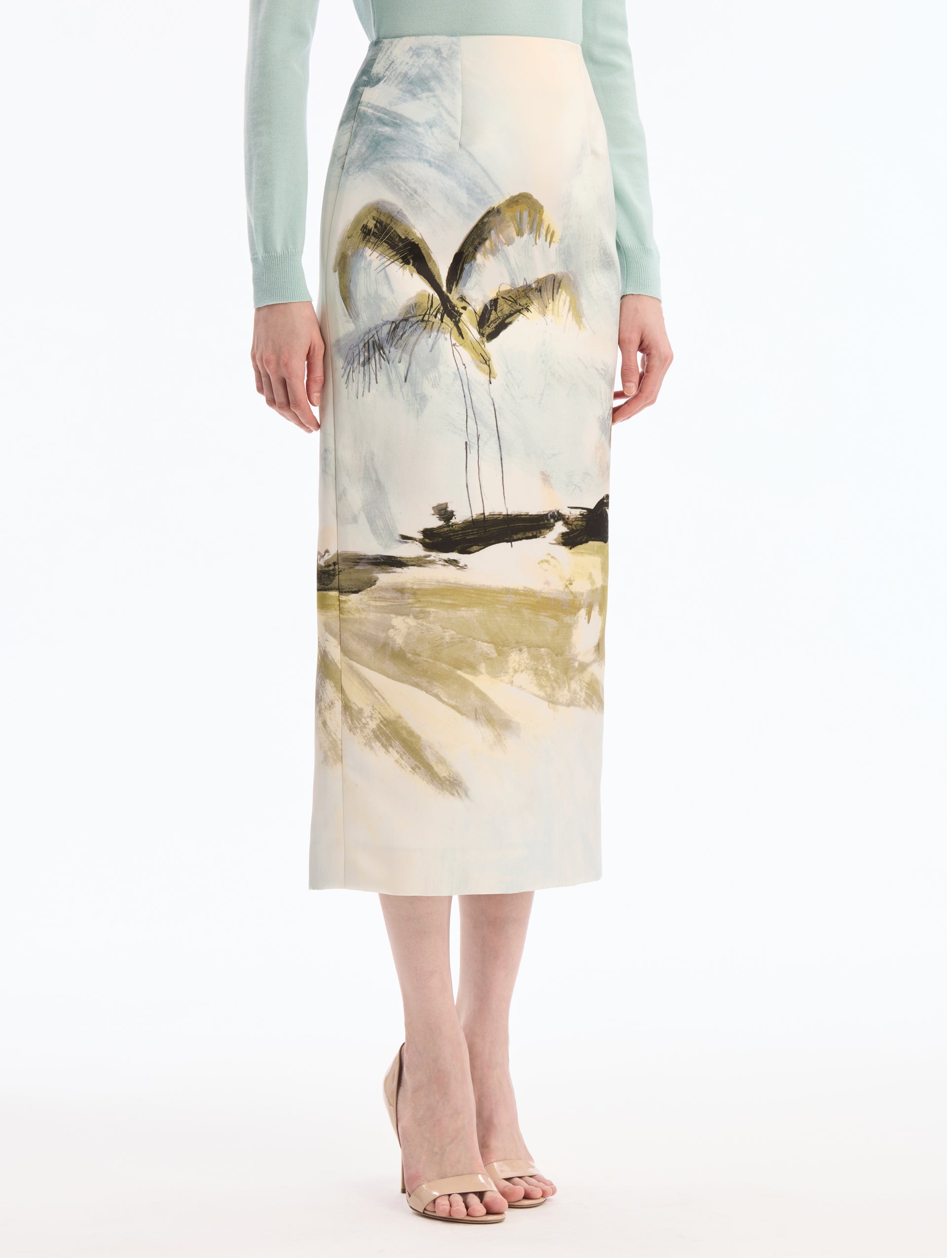 Midi Pencil Skirt with Palm Tree Print. Side View.