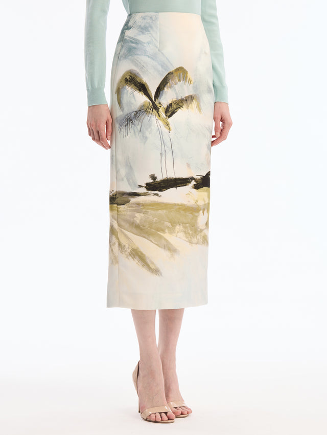 Midi Pencil Skirt with Palm Tree Print. Side View.