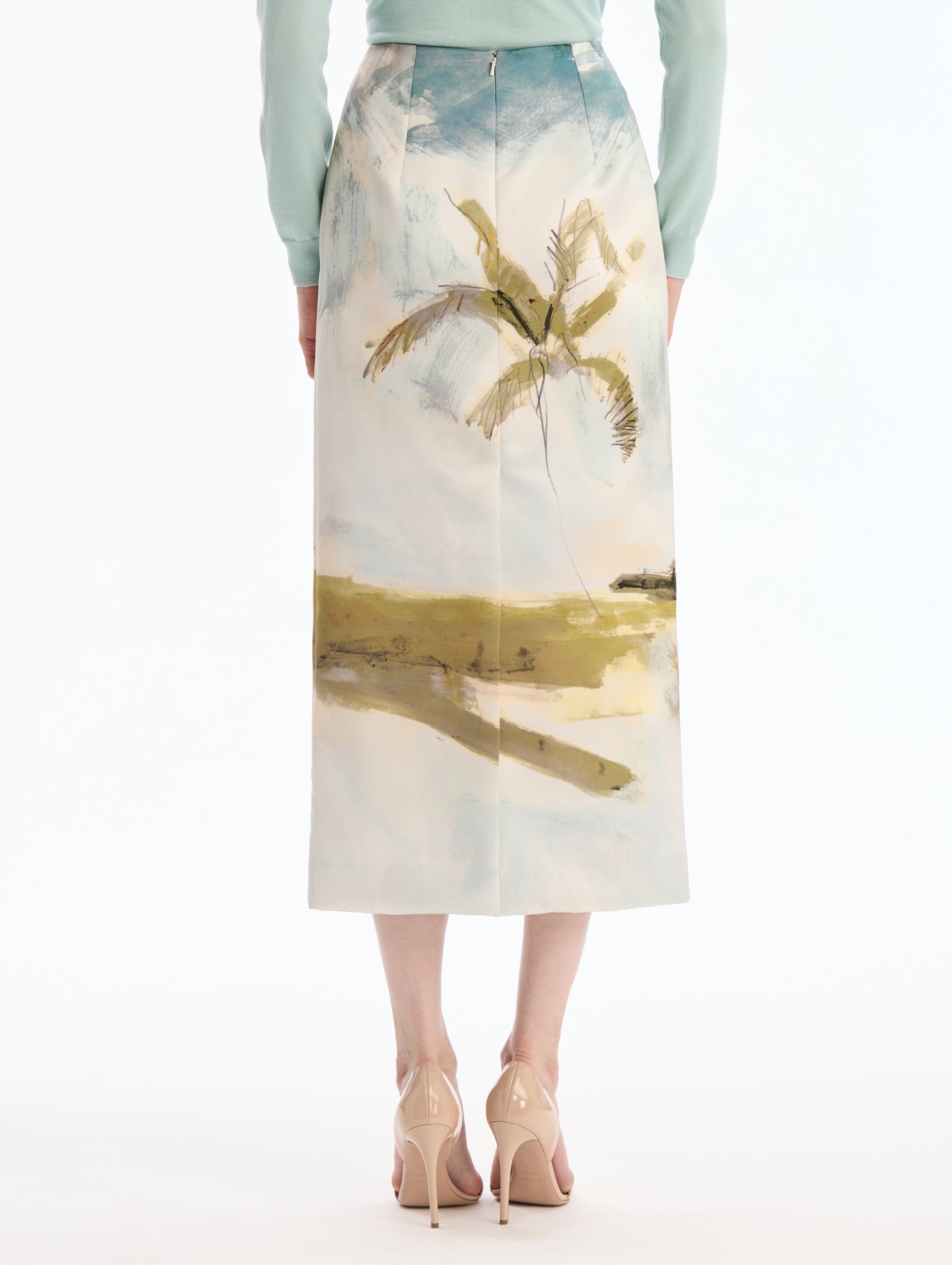 Midi Pencil Skirt with Palm Tree Print. Back View.