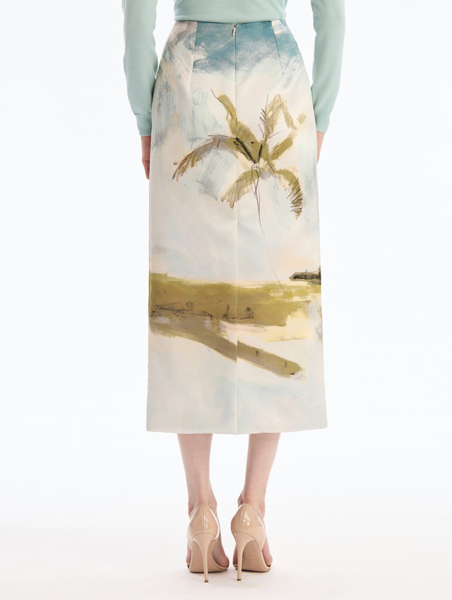 Midi Pencil Skirt with Palm Tree Print. Back View.