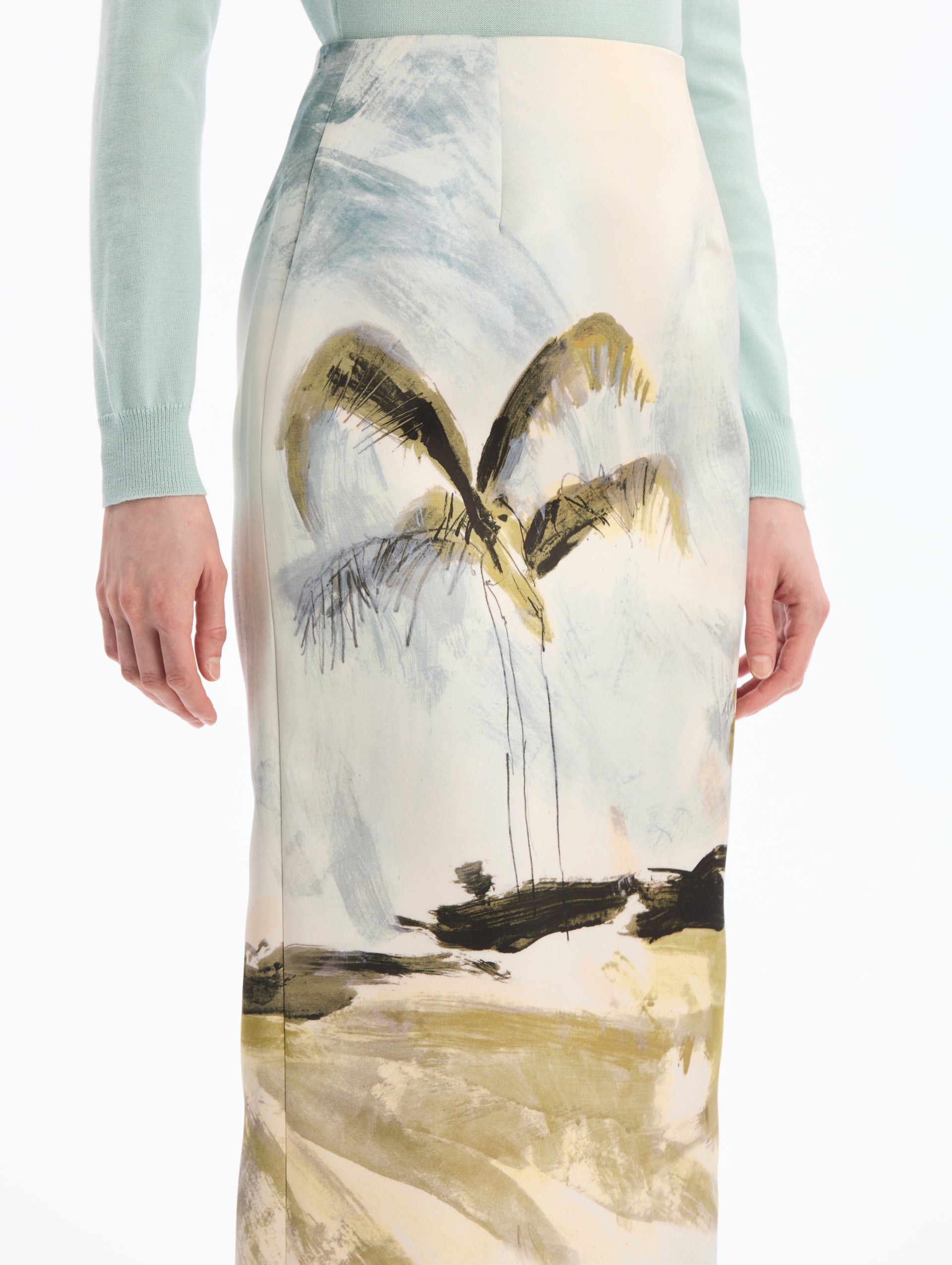 Midi Pencil Skirt with Palm Tree Print. Side View.