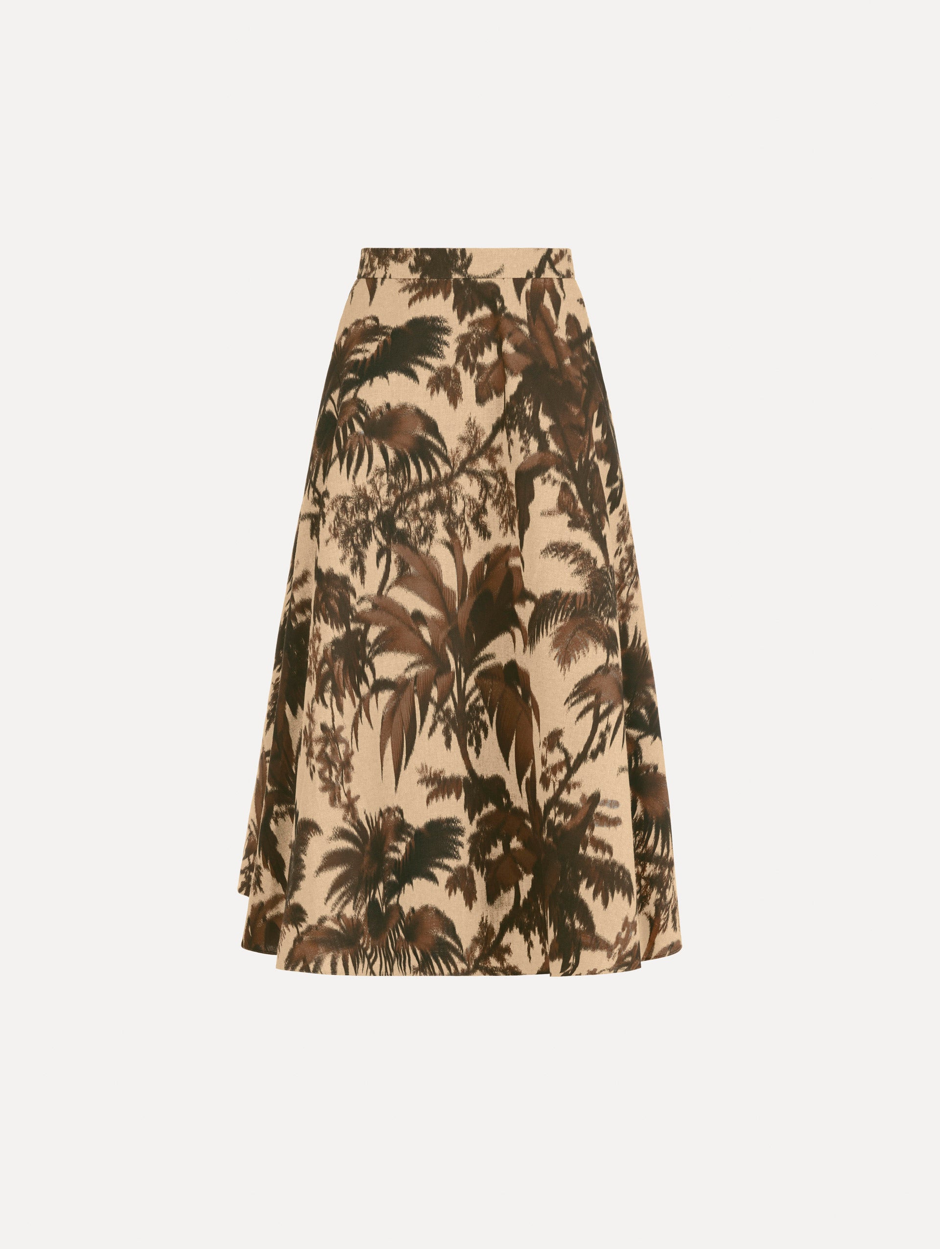 Chiné Palm Leaves Skirt in Espresso and Ivory print. Front View.