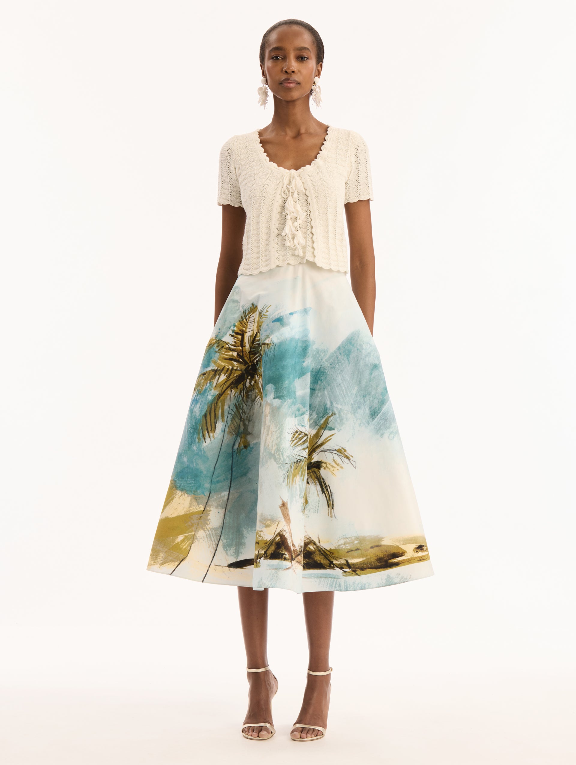 Cotton Poplin Midi Skirt with Palm Tree Print. Front View. 